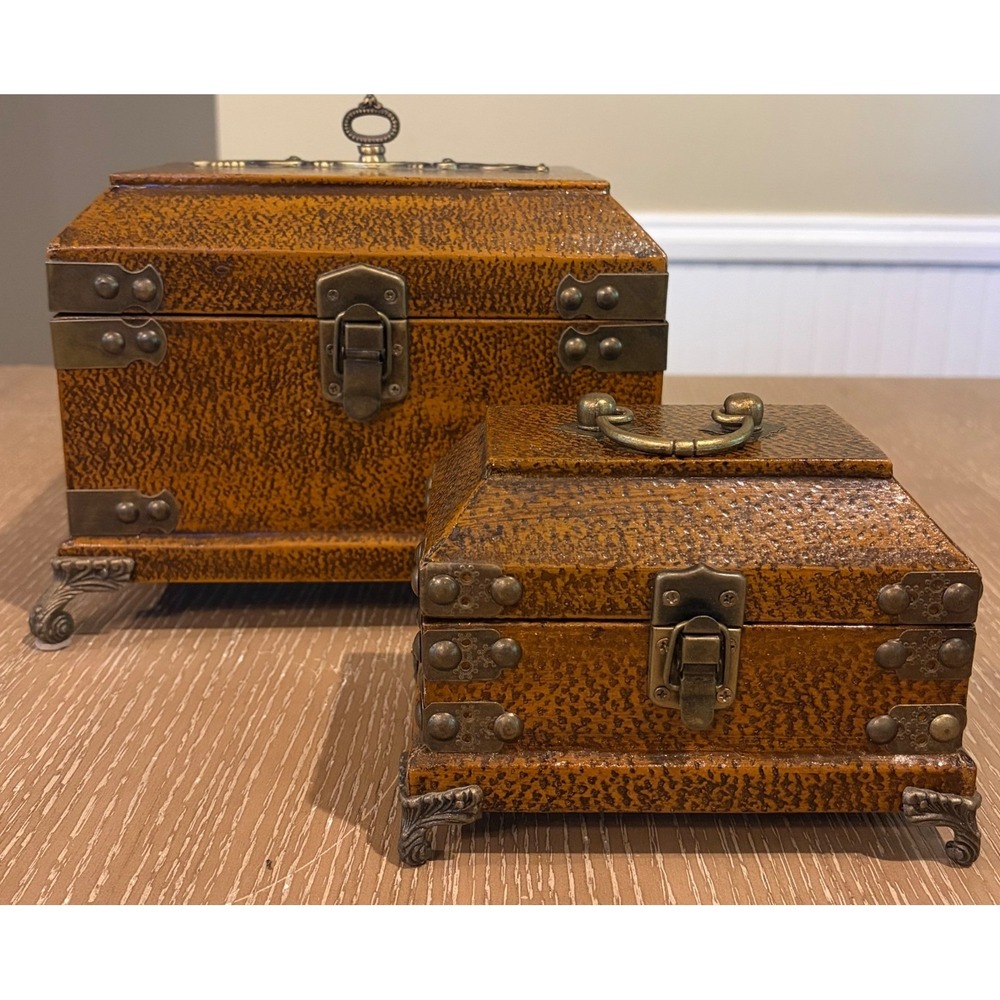 Vintage Style Set of 2 Wood Treasure Chest Jewelry Trinket Boxes 7" Metal Feet